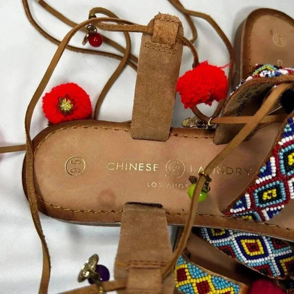 2/$30 Chinese Laundry Size 9.5 Sandals Beaded Pom Ankle Wrap Colorful Party - Picture 8 of 9